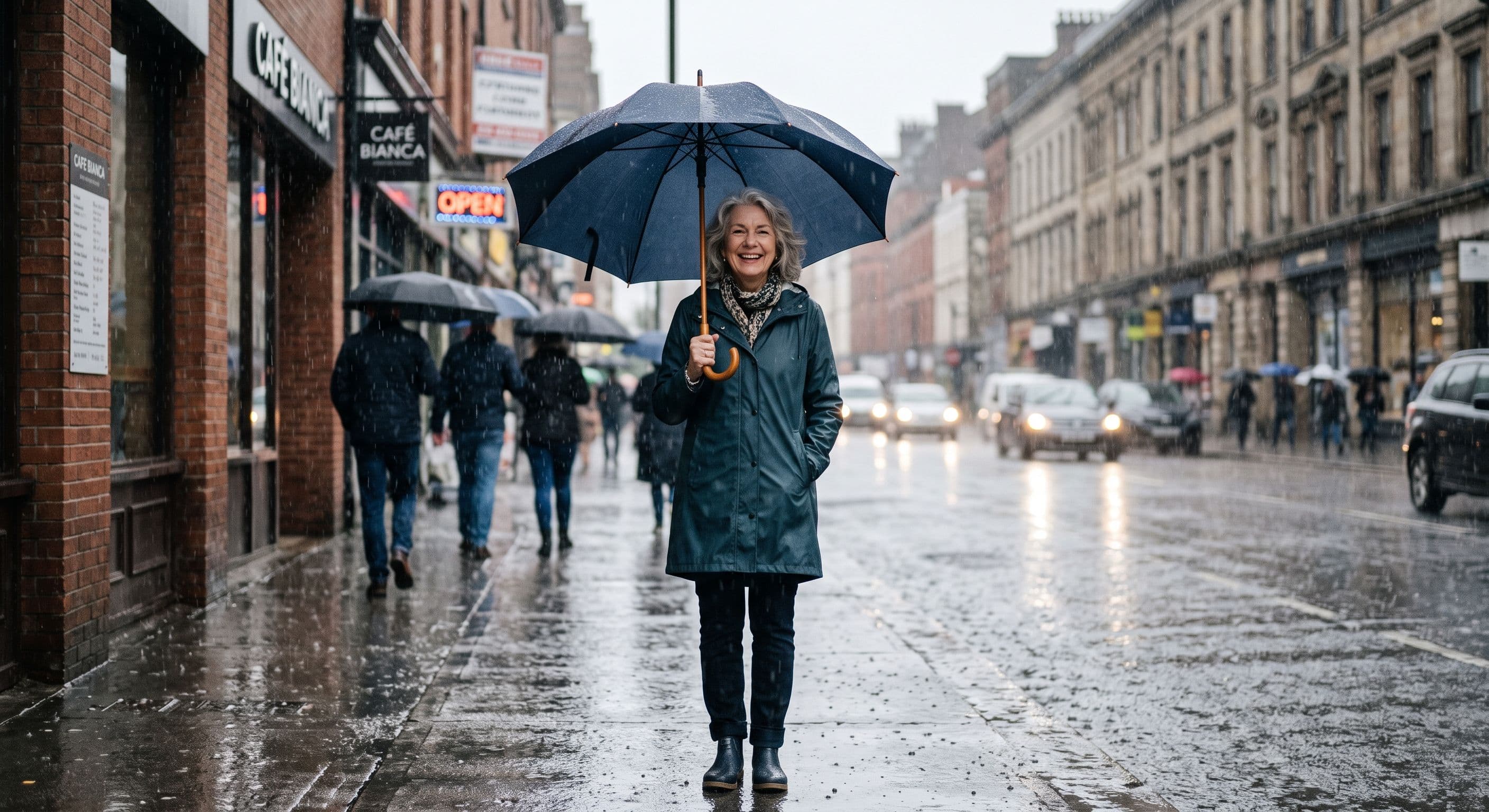 Image of smiling woman standing under umbrella in the rain