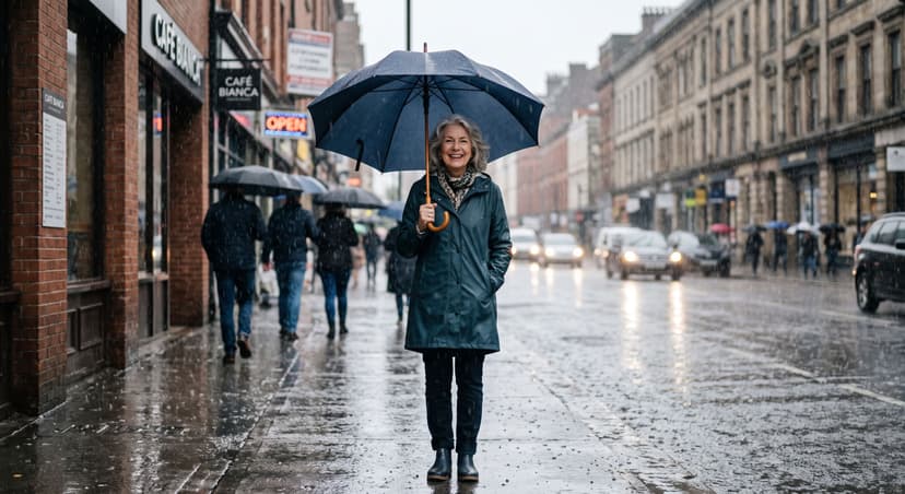 Image of smiling woman standing under umbrella in the rain