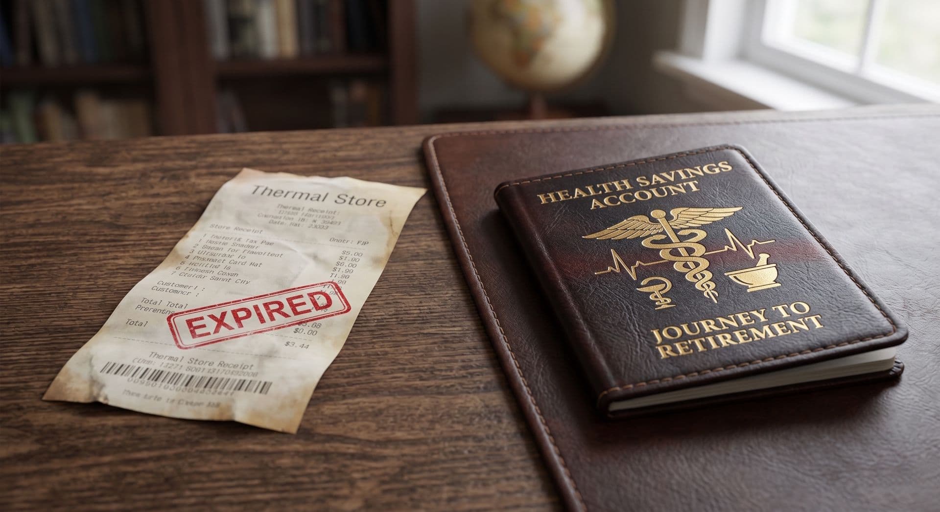On the left (representing the FSA), a thermal paper store receipt is curled up, with the ink visibly fading and "EXPIRED" stamped in faint red. On the right (representing the HSA), a sturdy, high-quality leather-bound passport sits prominently, with gold-embossed medical symbols instead of a national crest.