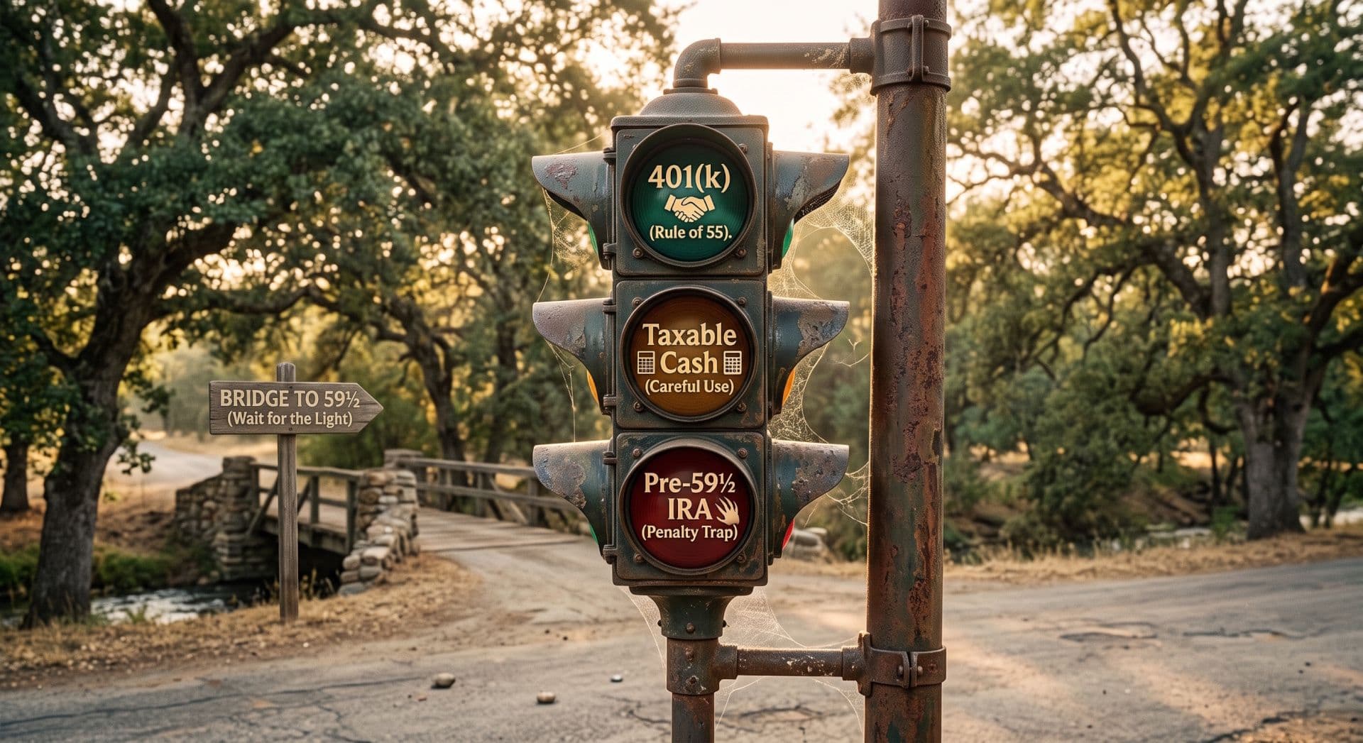 A detailed, professional photograph of a modified vintage traffic light at a crossroads. Green is marked "401(k) (Rule of 55)," Amber is "Taxable Cash (Careful Use)," and Red is "Pre-59 ½ IRA (Penalty Trap)."