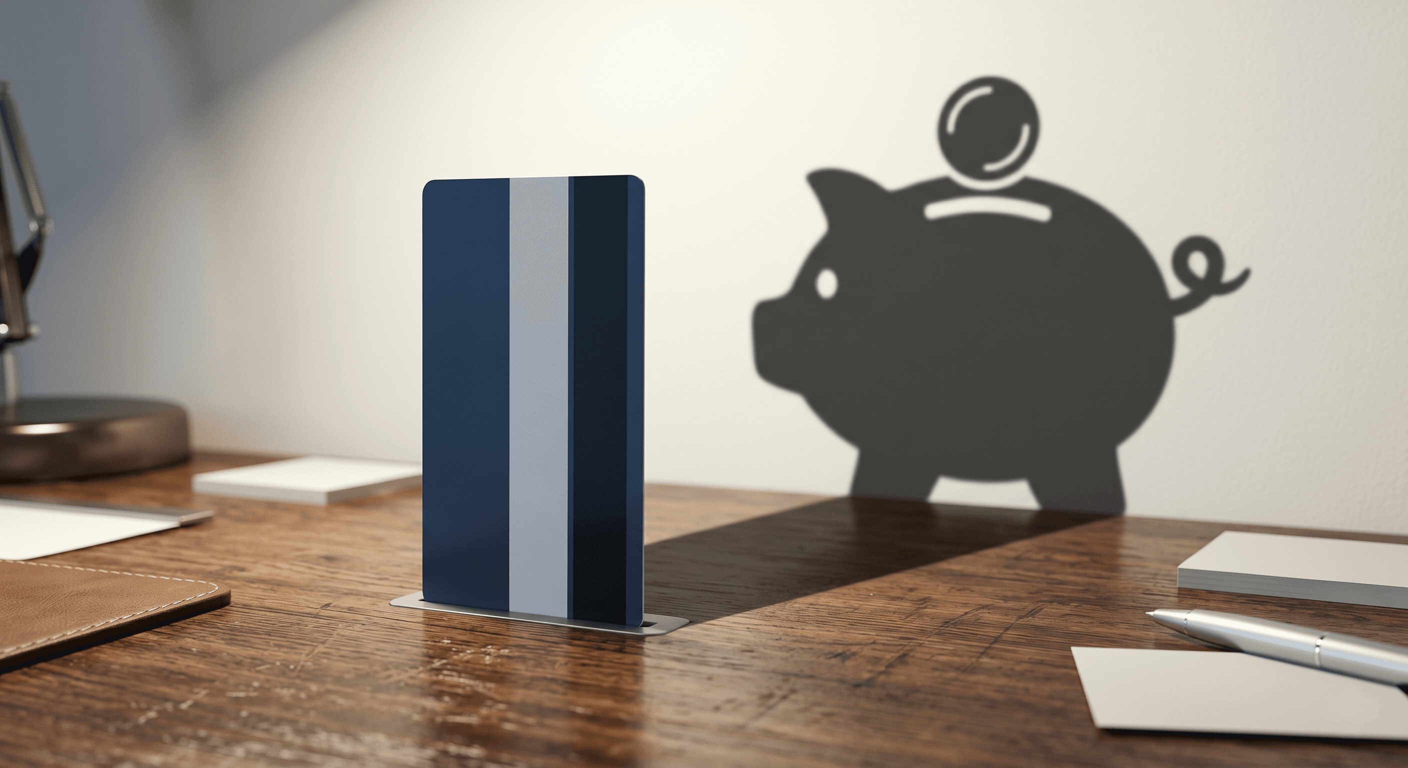 A picture of a debit card that casts a shadow of a piggy bank