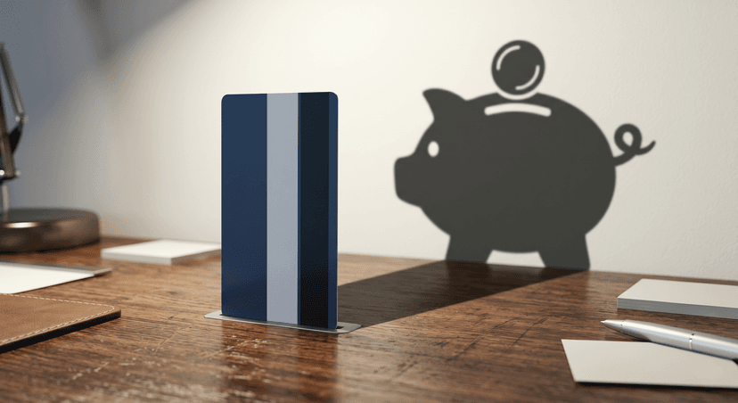 A picture of a debit card that casts a shadow of a piggy bank
