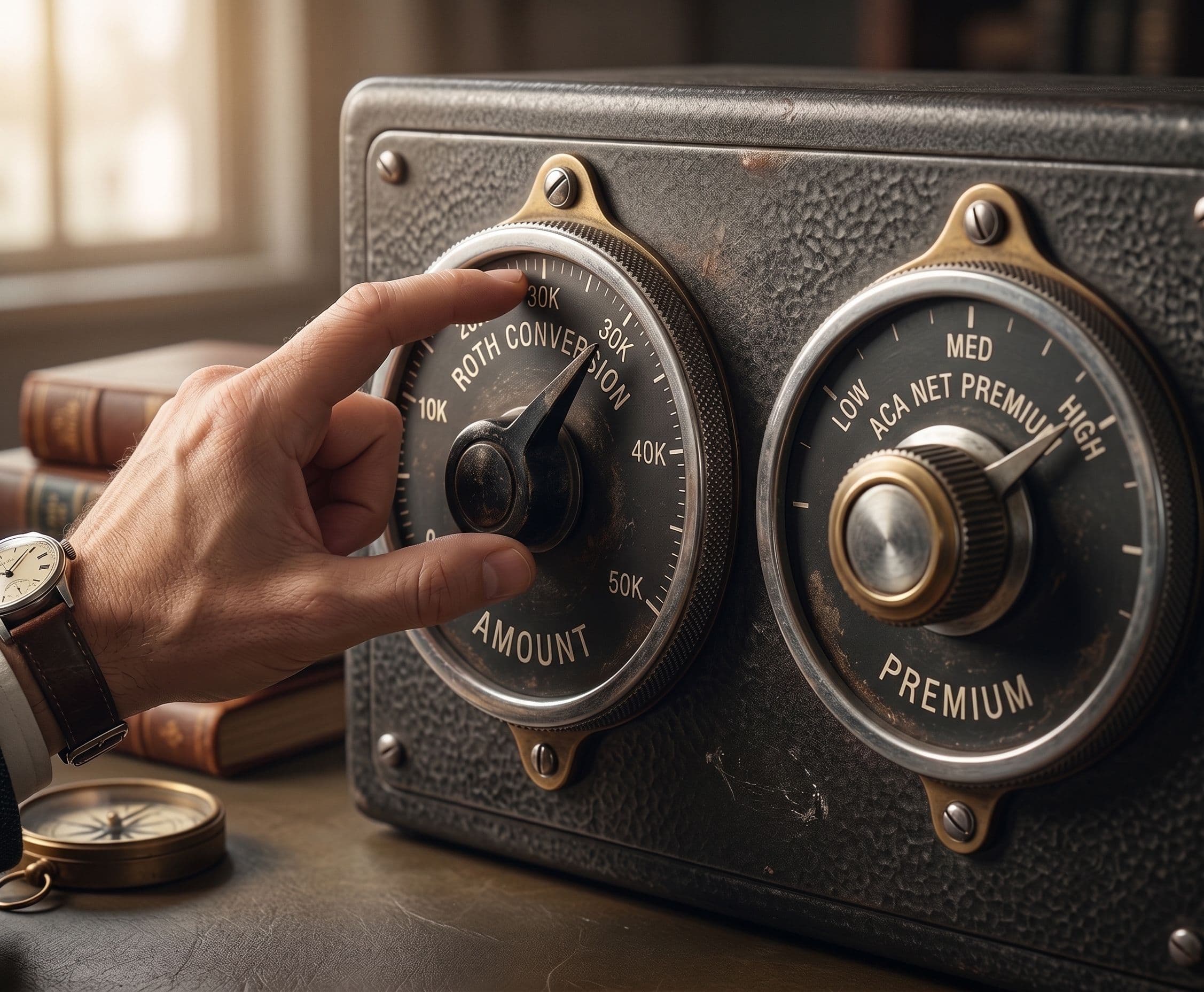 A hand adjusting a dial called Roth Conversion on a vintage radio.