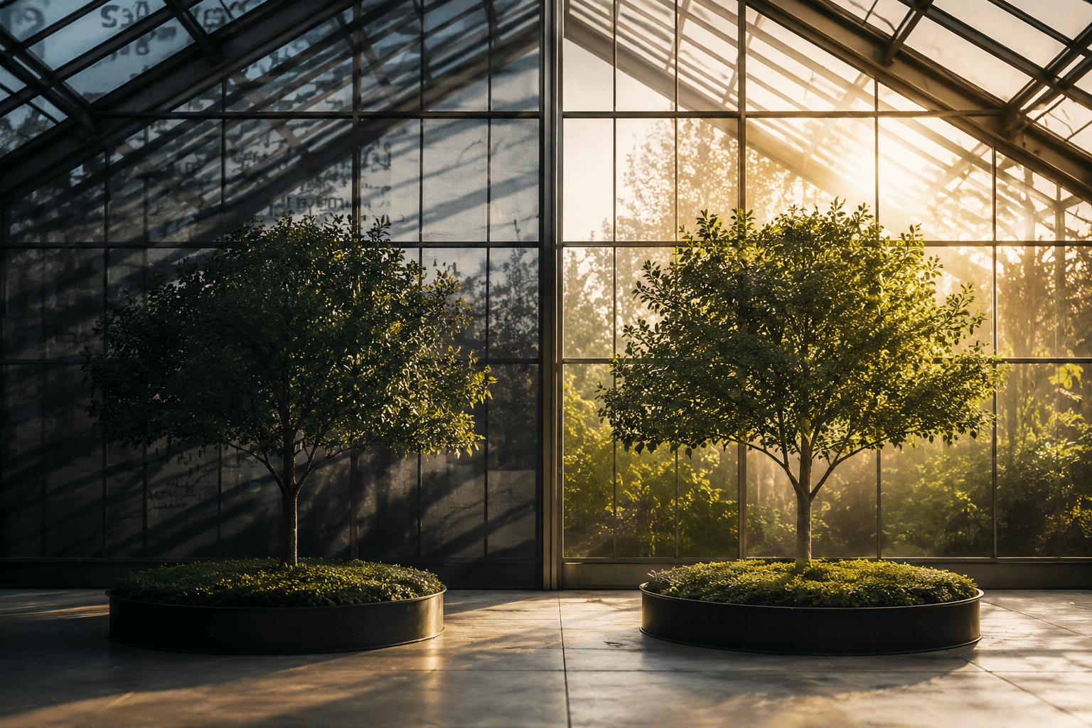 A picture of two trees in a greenhouse - one in the shade and one in sunlight.