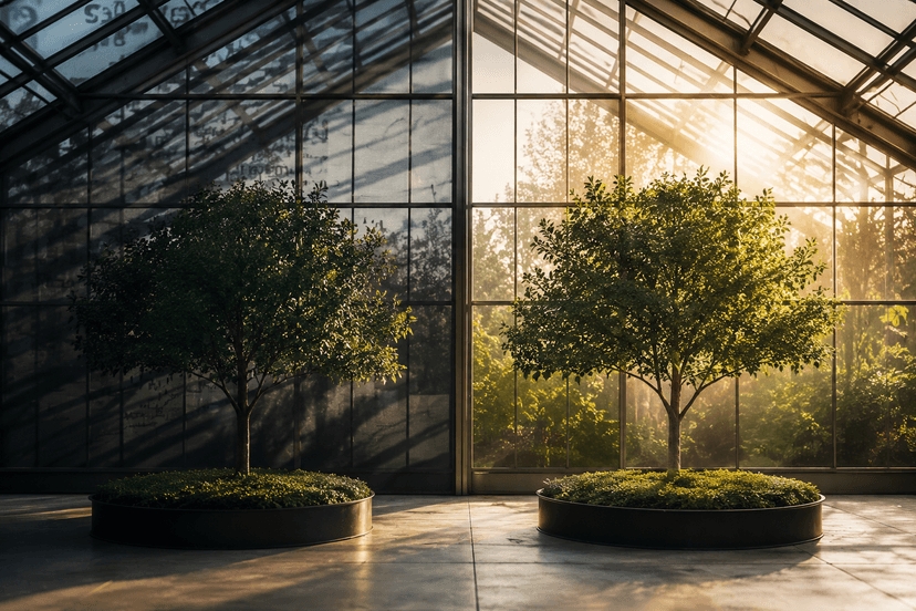 A picture of two trees in a greenhouse - one in the shade and one in sunlight.
